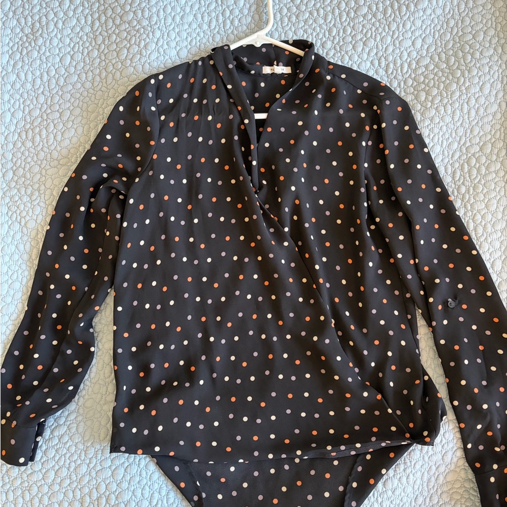 Peonies Polka Dot Long Sleeve Blouse - Black and Orange